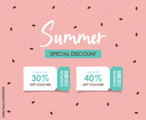 Summer Special Discount Coupon with Tropical Fruits and Leaves, Season summer Sale coupon. Sale flat template Tickets. For sale coupon. Minimalist pink coupon.