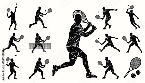 Tennis player silhouette collection showing various action poses and sports equipment