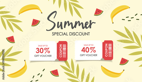 Summer Special Discount Coupon with Tropical Fruits and Leaves, Season summer Sale coupon. Sale flat template Tickets. For sale coupon. Minimalist pink coupon.