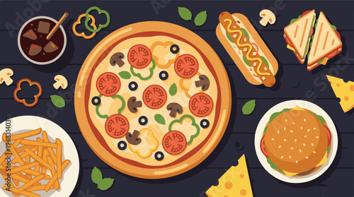 Assortment of classic fast food items and ingredients on a dark table