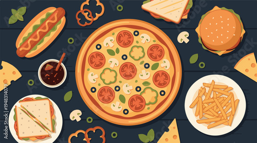 Delicious fast food feast flat lay with pizza, sandwiches, fries, and soda