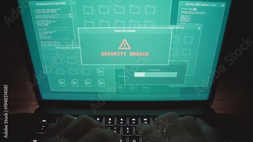 Hacker typing on computer laptop message warning of security breach alert system. Attempt to hack government data center archive. Hands on keyboard. Firewall detects suspicious activity and notifies