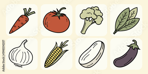 a collection of vegetables including carrot, tomato, broccoli, leafy greens, onion, corn, coconut, and eggplant Vector