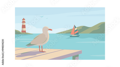Peaceful coastal landscape illustration with seagull, lighthouse, and sailboat