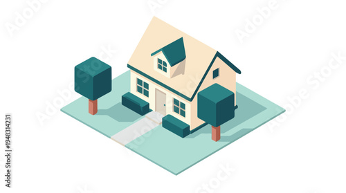 Isometric illustration of a minimalist house with trees and garden