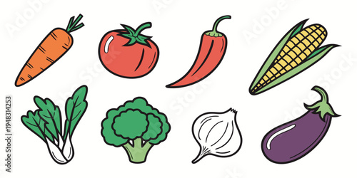 a collection of colorful vegetables and corn Vector