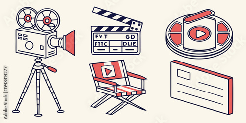 a collection of film making equipment and symbols Vector