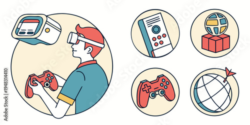 man playing video games with various controllers Vector