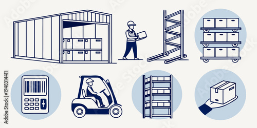 warehouse storage and handling icons Vector