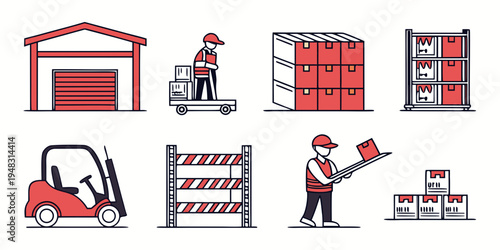 warehouse icons with workers and equipment Vector