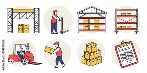 warehouse icons including workers and storage Vector