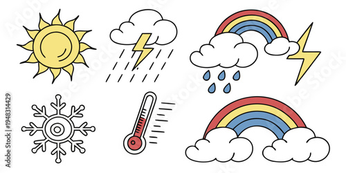 weather icons including sun, rain, snow, and thermometer Vector