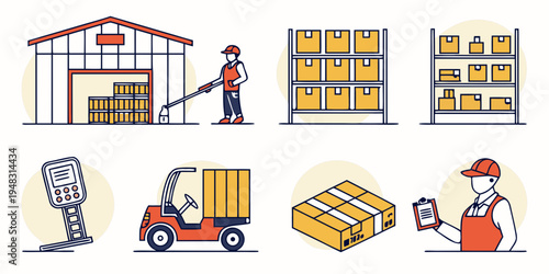 warehouse worker and various industrial icons Vector