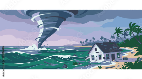 Massive tornado striking ocean near a damaged house on a tropical beach during a storm