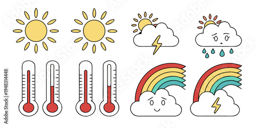 weather icons with sun cloud rain and temperature thermometer Vector