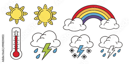 weather icons including sun, rainbow, clouds, and thermometer Vector