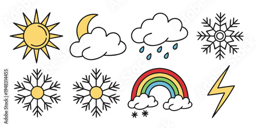 a set of weather icons including sun, moon, clouds, rain, snow, rainbow, and lightning Vector