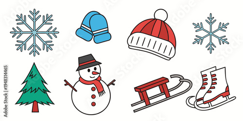 winter icons including snowman and sled Vector