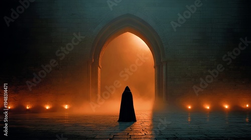 Gloomveil Gateway: Hooded Figure in Archway with Ember Glow
