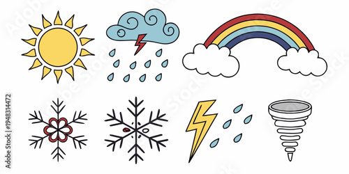 weather icons including sun cloud rainbow and storm symbols Vector