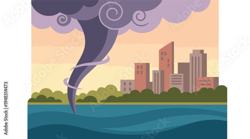 Dramatic tornado looming over a modern city by the sea, natural disaster
