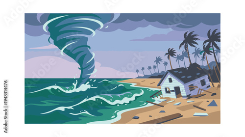 Tornado hitting tropical coast with damaged house and stormy sea