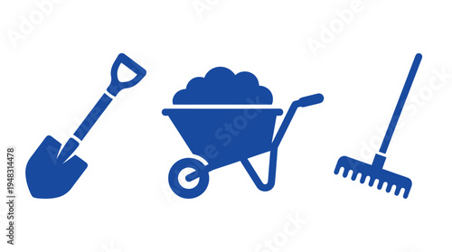 Blue icons of shovel, wheelbarrow, and rake on white background for gardening and landscaping concepts