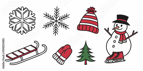 a set of winter icons including snowman and sled Vector