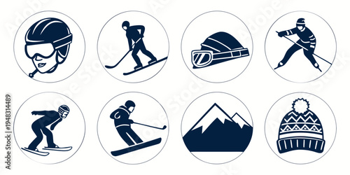 winter sports icons featuring various skiing and snowboarding activities Vector