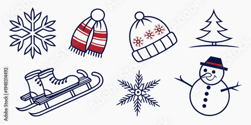 winter icons including snowflake and sled Vector