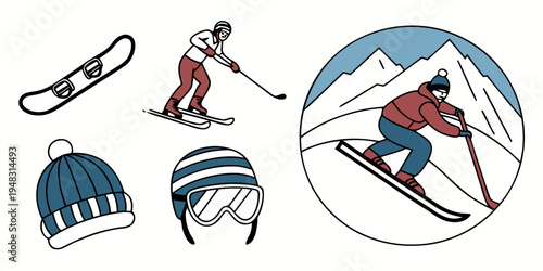 a set of skiing related items including a snowboarder and a skier Vector