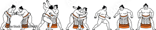 Hand drawn vector illustration of Japanese sumo wrestlers in different fighting poses isolated on white background traditional martial arts sport culture graphic