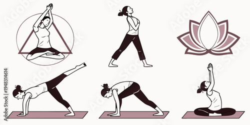 a woman performing various yoga poses and a lotus flower Vector