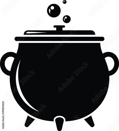 Black silhouette of a bubbling cauldron with lid and handles