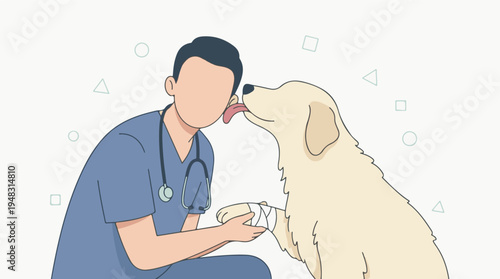 Veterinarian providing compassionate care for a dog with a bandaged paw