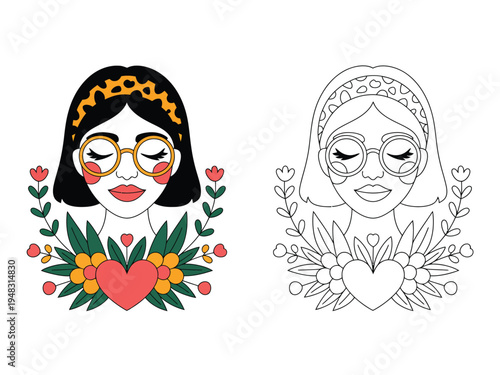 Woman wearing glasses surrounded by flowers and a heart illustrates self-love and wellness.