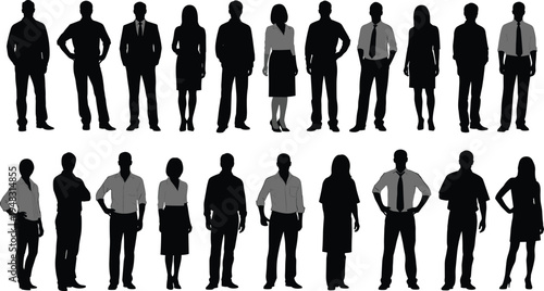 Professional business silhouettes of diverse individuals in formal attire, suits, skirts, dress shirts, vector illustration of workplace representation