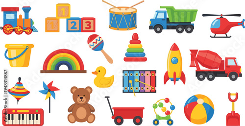 Kids Toys Icon Set Vector Illustration with Train Rocket Drum Blocks Teddy Bear Ball and Educational Playtime Objects Collection