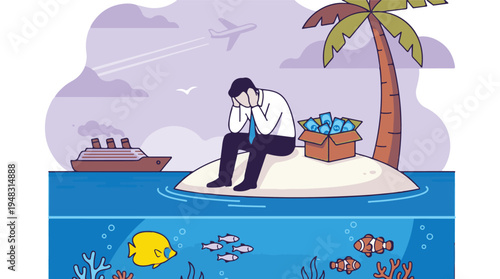 Stressed businessman stranded on tropical island with a box of cash