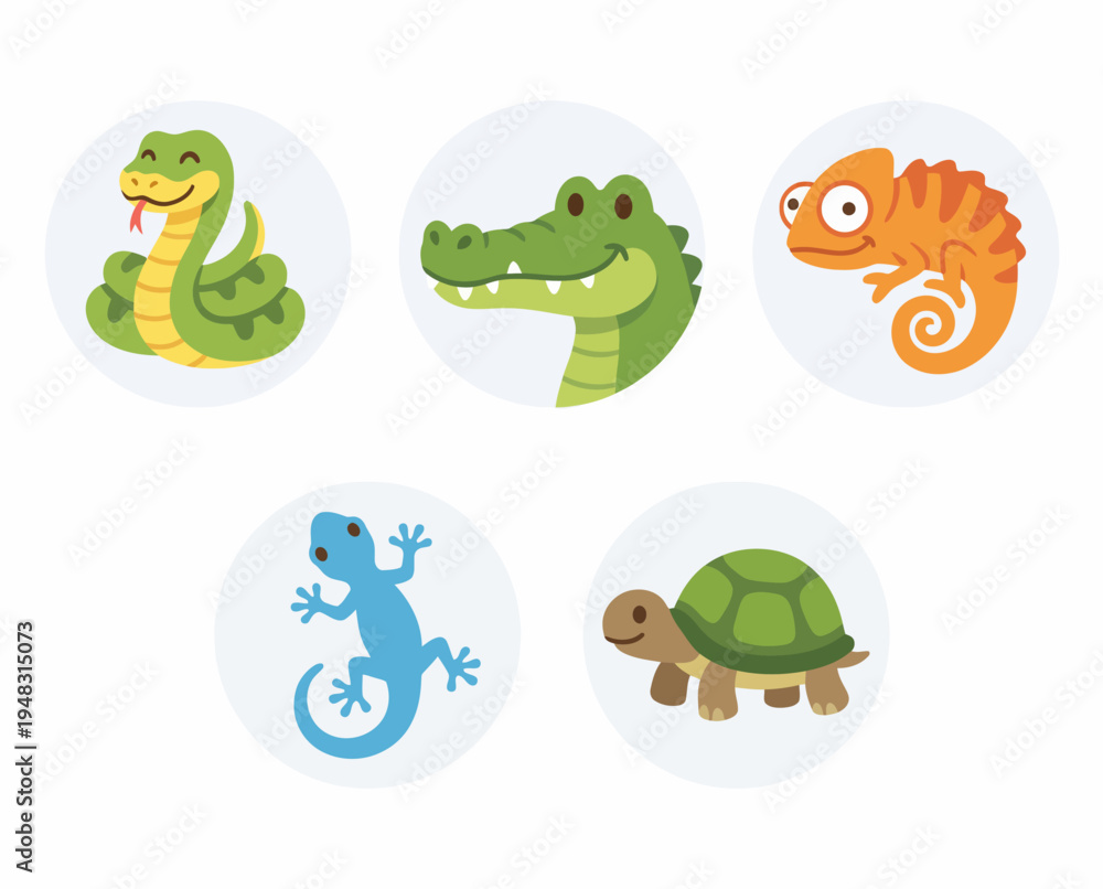 Naklejka premium Colorful cartoon reptiles and sea creature icons.