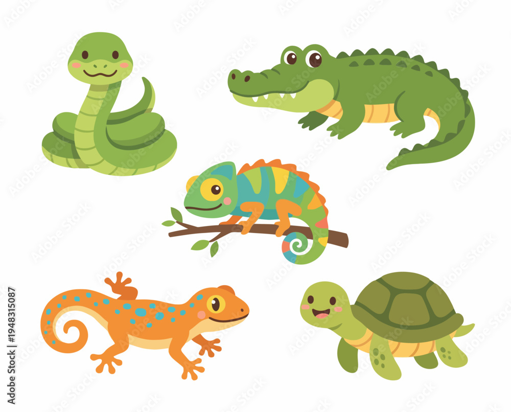 Fototapeta premium Colorful cartoon reptiles and amphibians group.