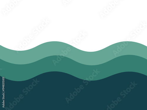 Abstract layered waves feature a gradient of teal and dark green colors against a white.