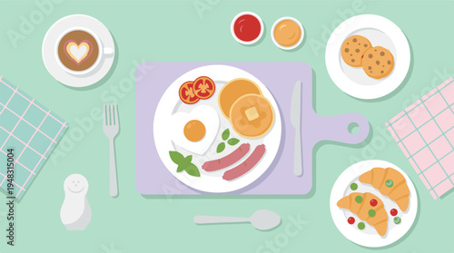 Breakfast flat lay illustration with diverse food, drinks, and utensils on green background