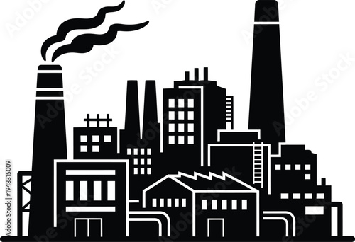 Industrial cityscape with smoking factory chimney and urban buildings