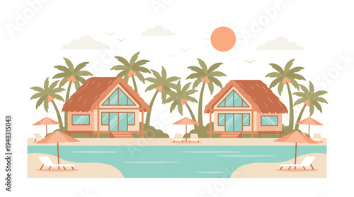 Tropical beach resort scene with bungalows, palm trees, and pool