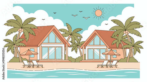 Tropical beach resort bungalows illustration with palm trees and ocean view