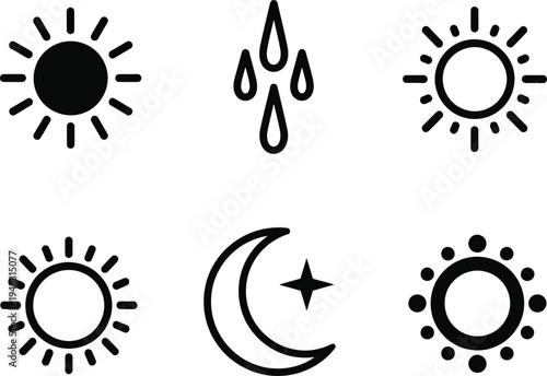 Weather forecast icons set with sun rain moon and star symbols in black and white