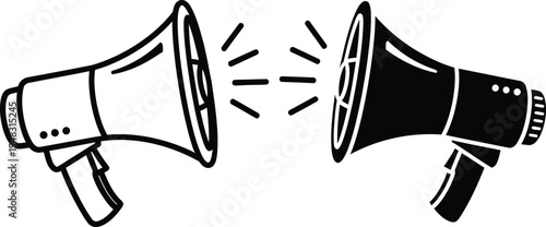 Two megaphones communicating with each other in a simple black and white illustration