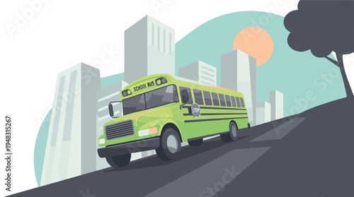 Green school bus driving on a road in a modern city illustration