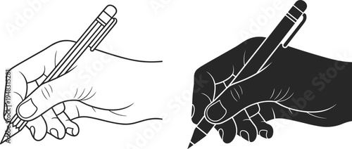 Hand holding pen and pencil writing illustration, black silhouette and line art vector set, isolated icons for contract signing and creative sketching.